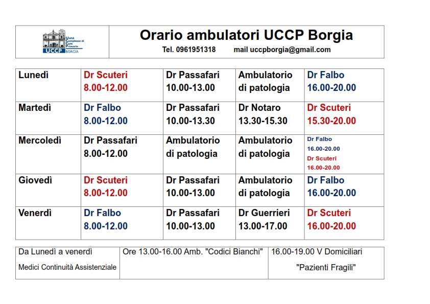 Orario ambulatori UCCP Borgia